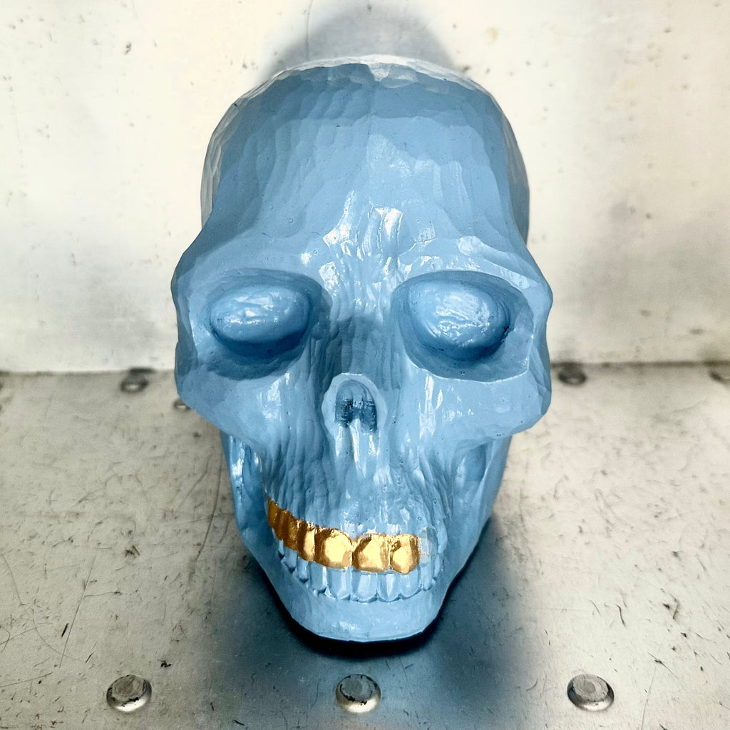 SKULL INCENSE HOLDER - BLUE (WOOD CARVING)