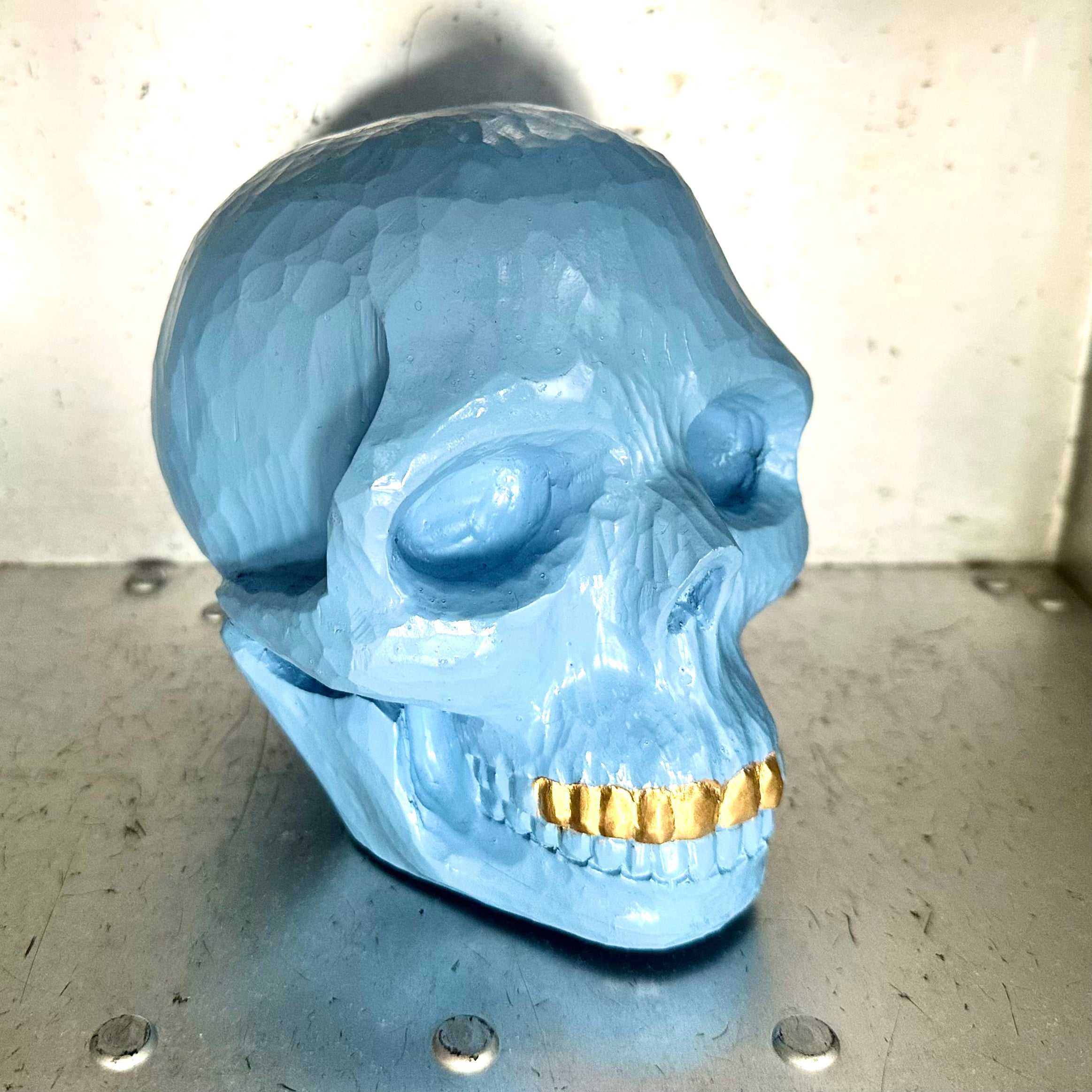 SKULL INCENSE HOLDER - BLUE (WOOD CARVING)