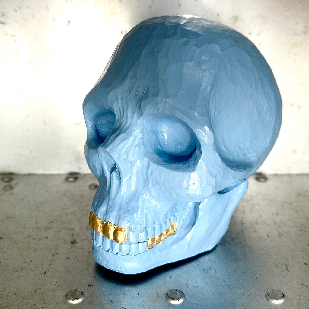 SKULL INCENSE HOLDER - BLUE (WOOD CARVING)
