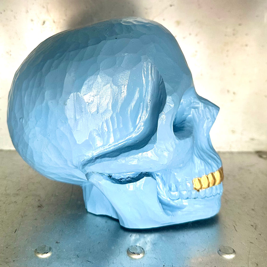 SKULL INCENSE HOLDER - BLUE (WOOD CARVING)