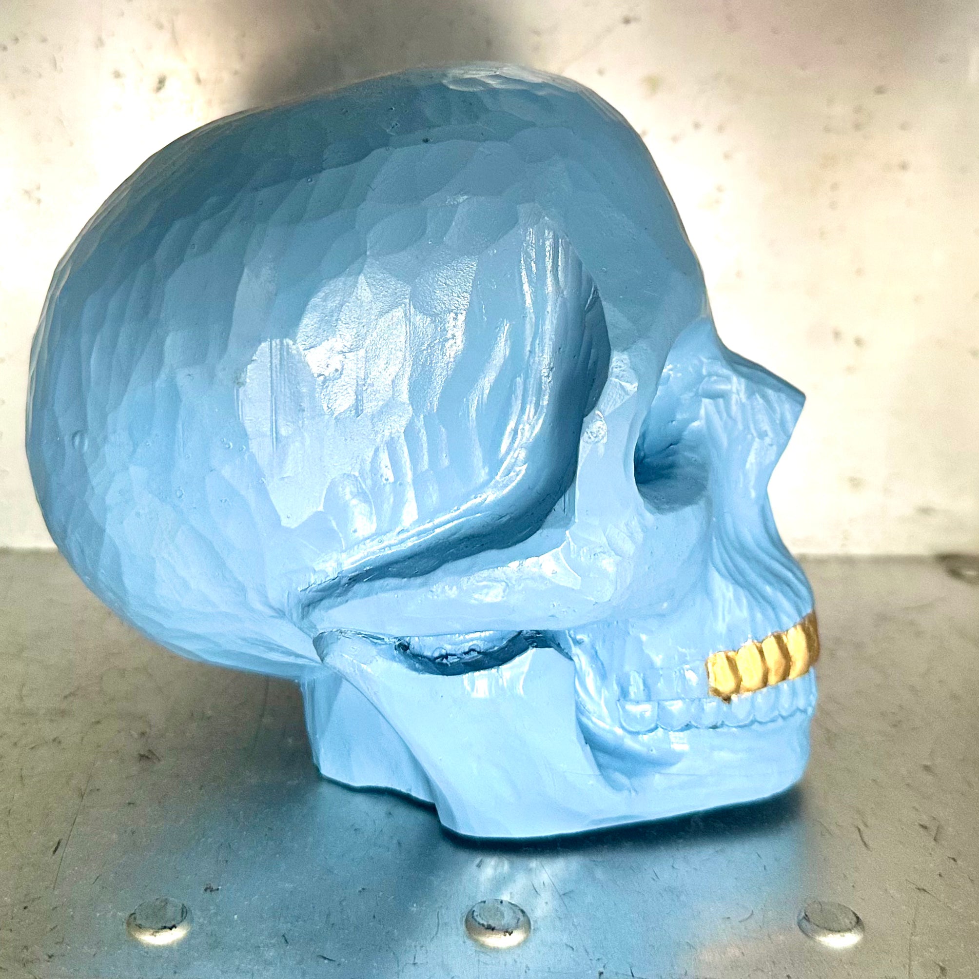SKULL INCENSE HOLDER - BLUE (WOOD CARVING)