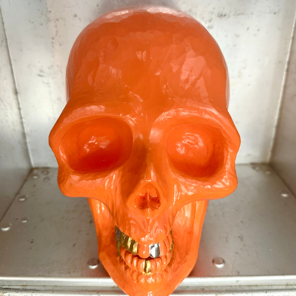 SKULL INCENSE HOLDER - ORANGE (WOOD CARVING)