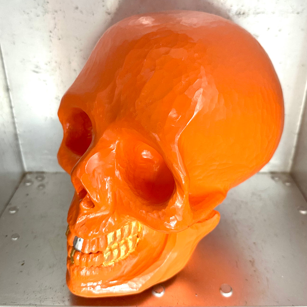 SKULL INCENSE HOLDER - ORANGE (WOOD CARVING)