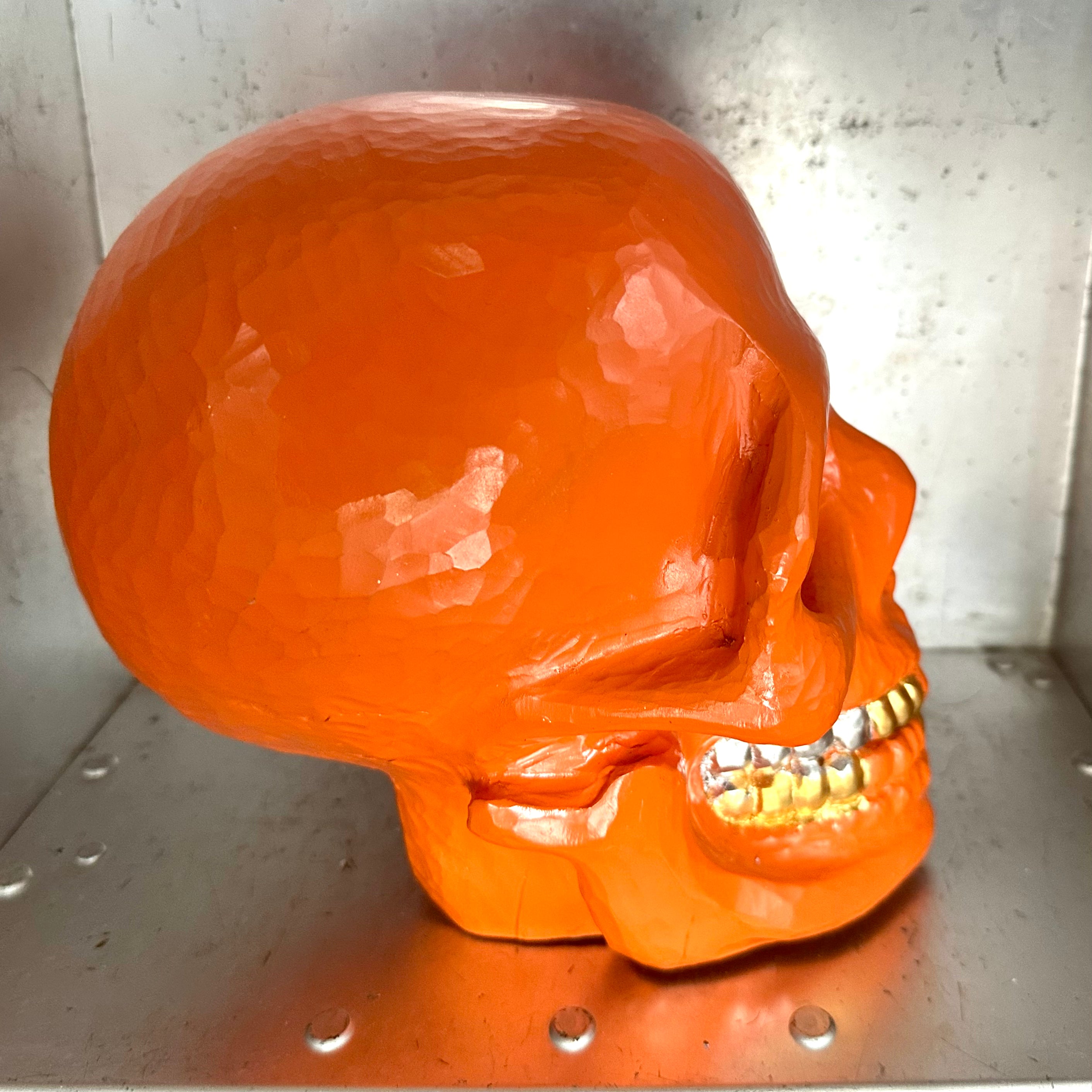 SKULL INCENSE HOLDER - ORANGE (WOOD CARVING)