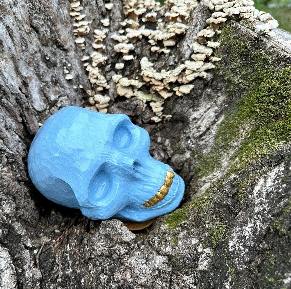 SKULL INCENSE HOLDER - BLUE (WOOD CARVING)
